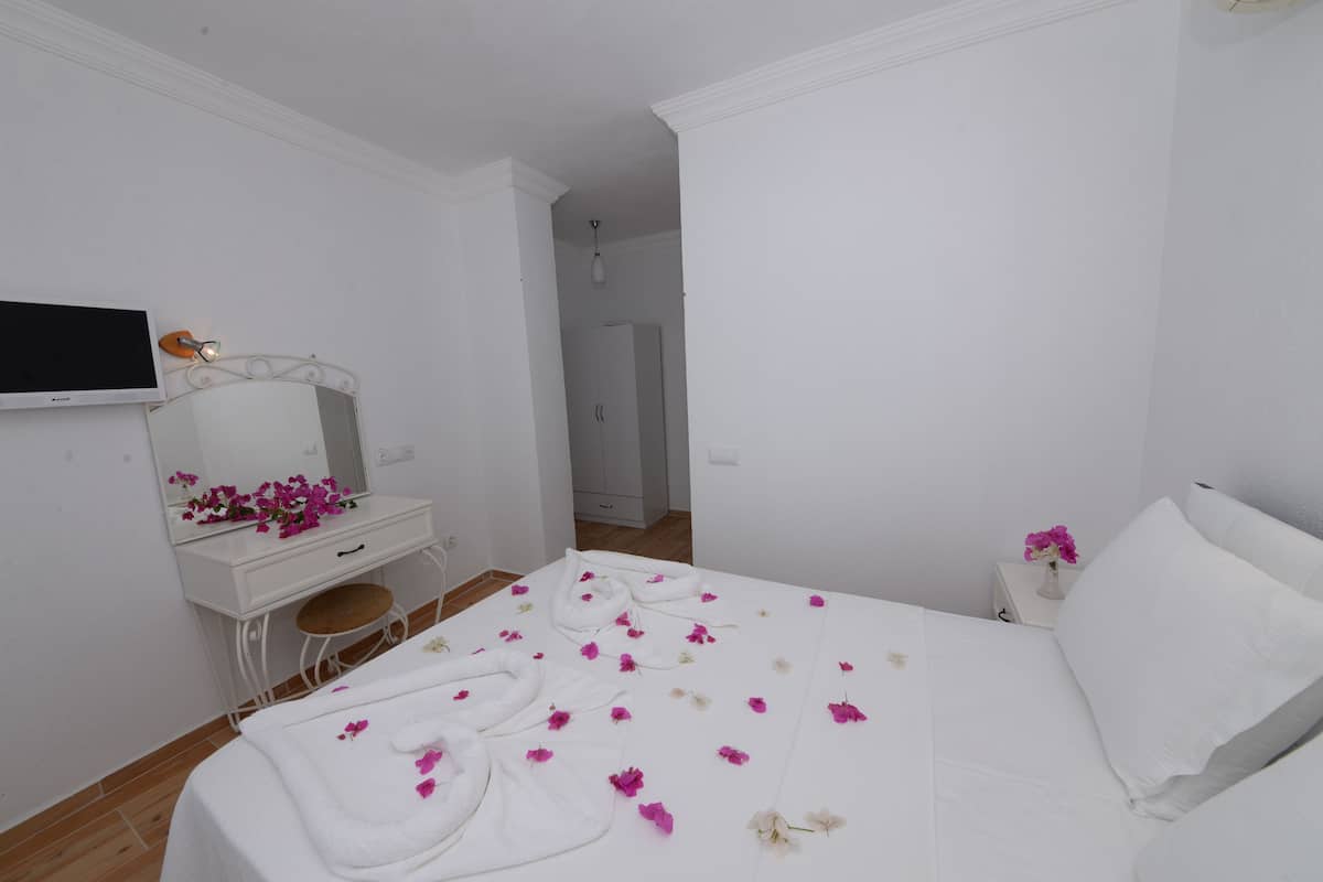 A bedroom with a bed, a dresser, a mirror, and a television.