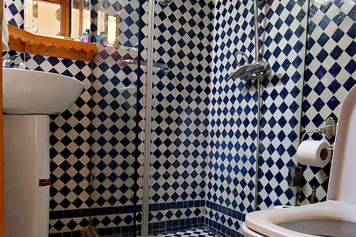 A bathroom with a checkered floor, a toilet, a shower, and a sink.