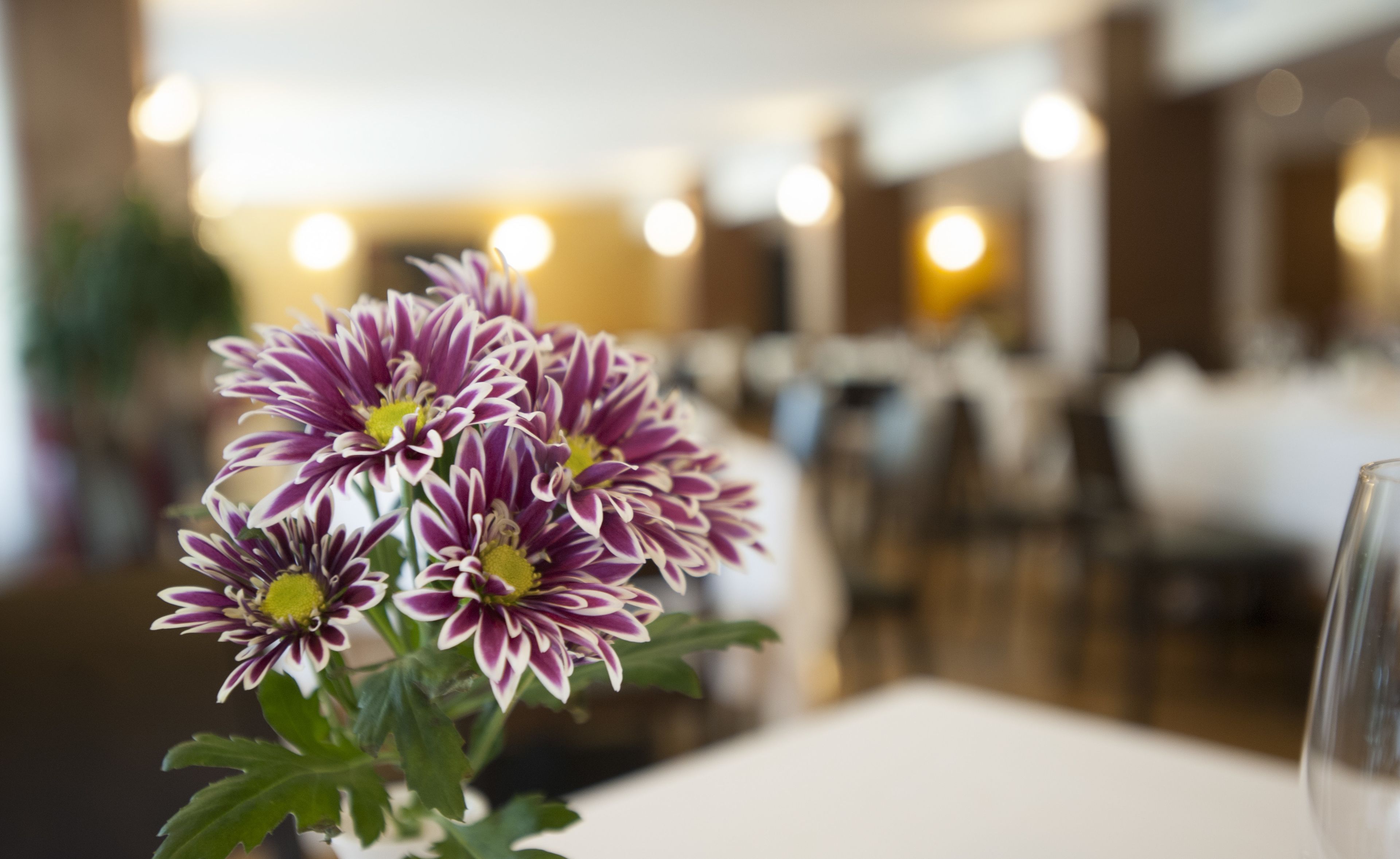 Una mesa con un ramo de flores moradas y blancas en un restaurante.