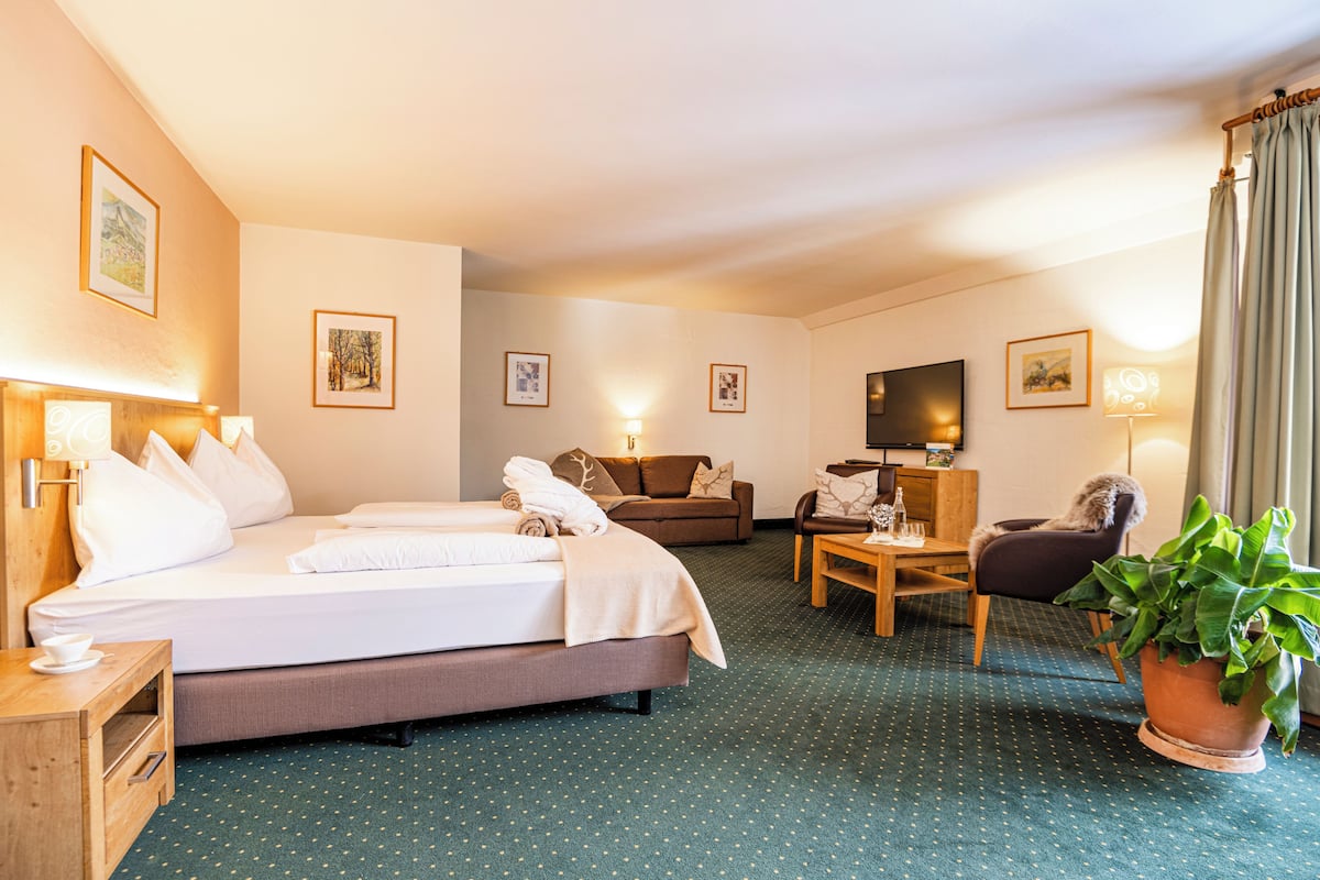 A hotel room with a bed, a sofa, a TV, a coffee table, and a potted plant.