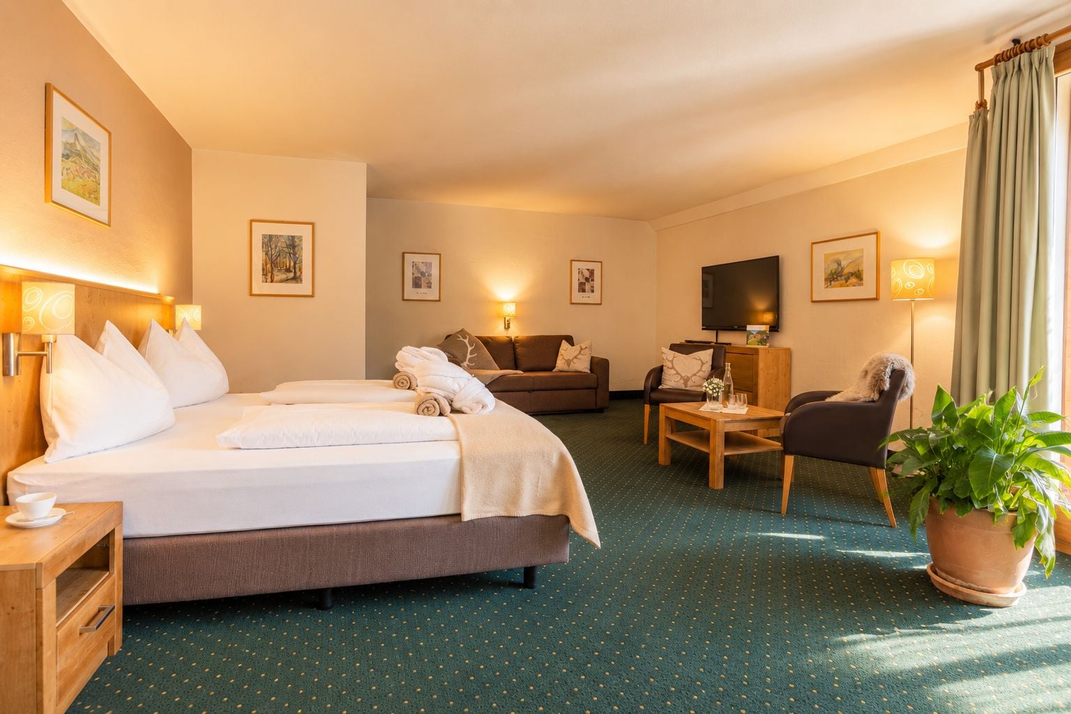A hotel room with a double bed, a sofa, a TV, a coffee table, and a potted plant.