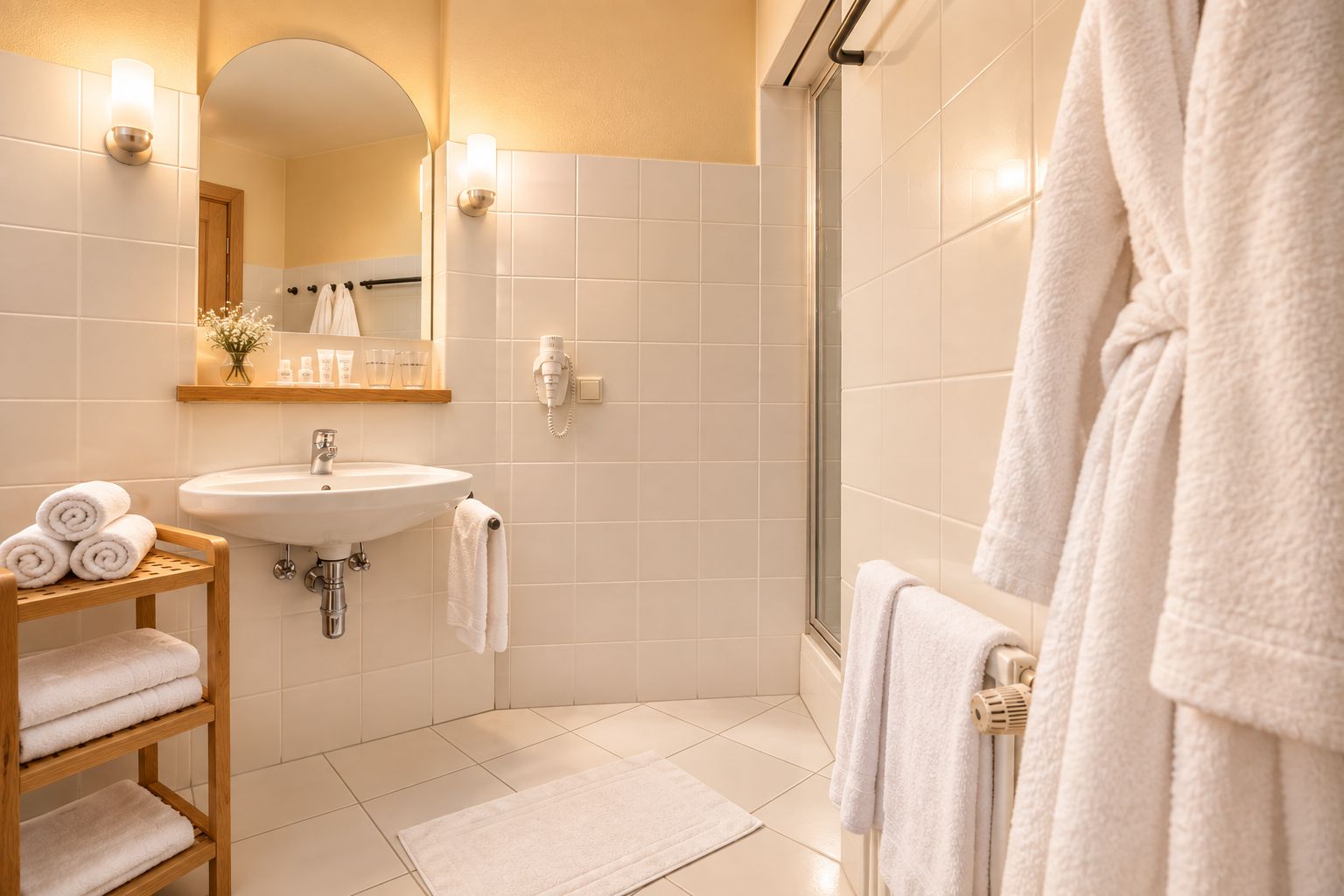 Ein modernes Badezimmer mit Waschbecken, Spiegel und Dusche.