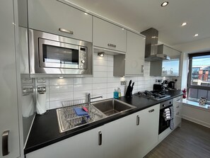 高级公寓, 2 间卧室, 阳台, 河景 | 私人厨房 | 冰箱、微波炉、烤箱、炉灶