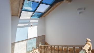 A room with a skylight, wooden ceiling, and a view of the outside.