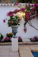 Una piscina al aire libre, sombrillas, sillones reclinables de piscina