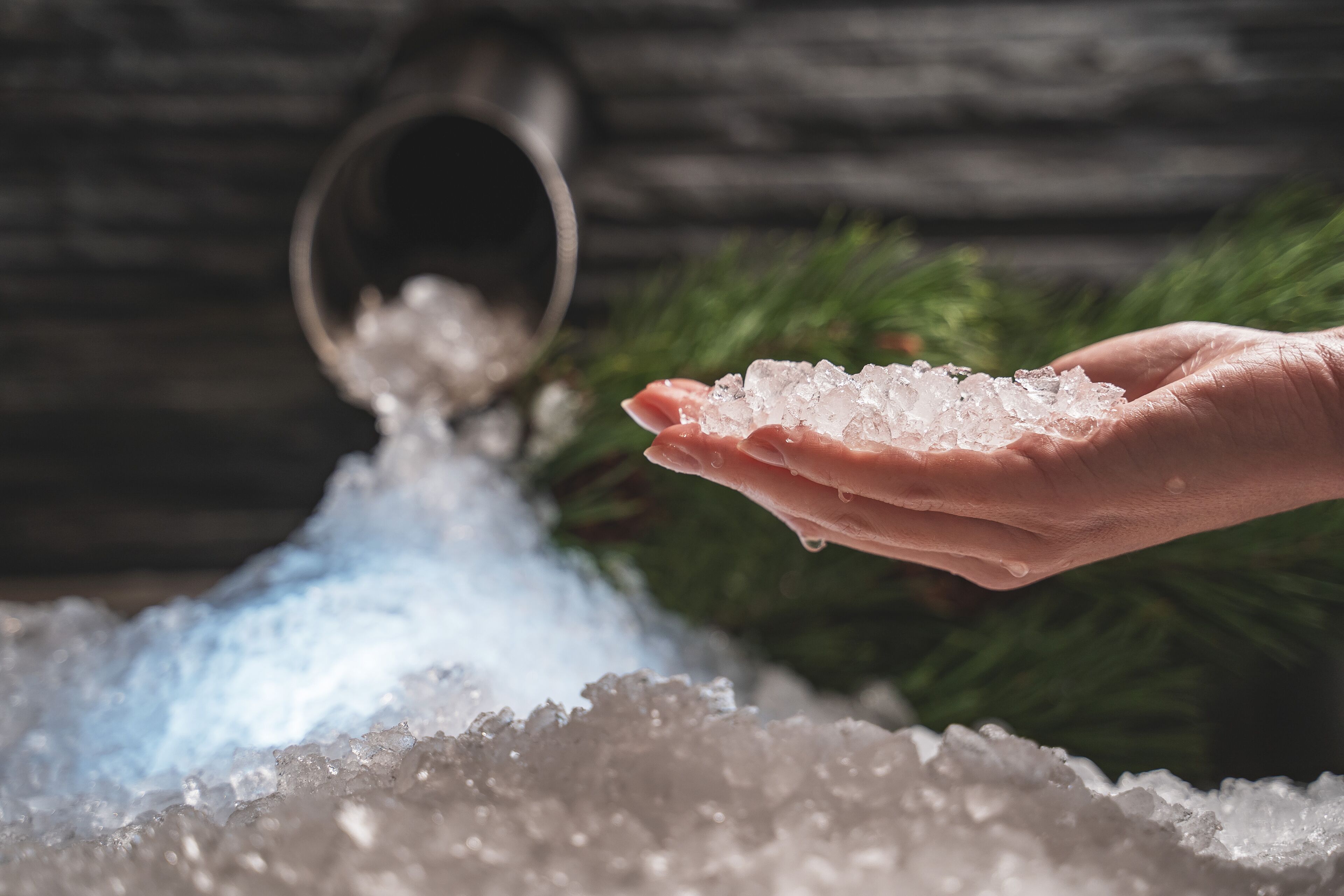 A hand holding salt crystals with a salt shaker in the background.