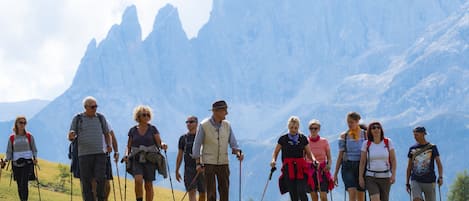 Un grupo de personas caminando por un sendero cubierto de hierba, con montañas al fondo.