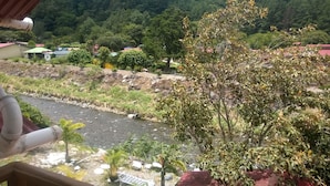 A river with a rocky bank, surrounded by greenery and houses with red roofs. - Hostal Boquete (Boquete)