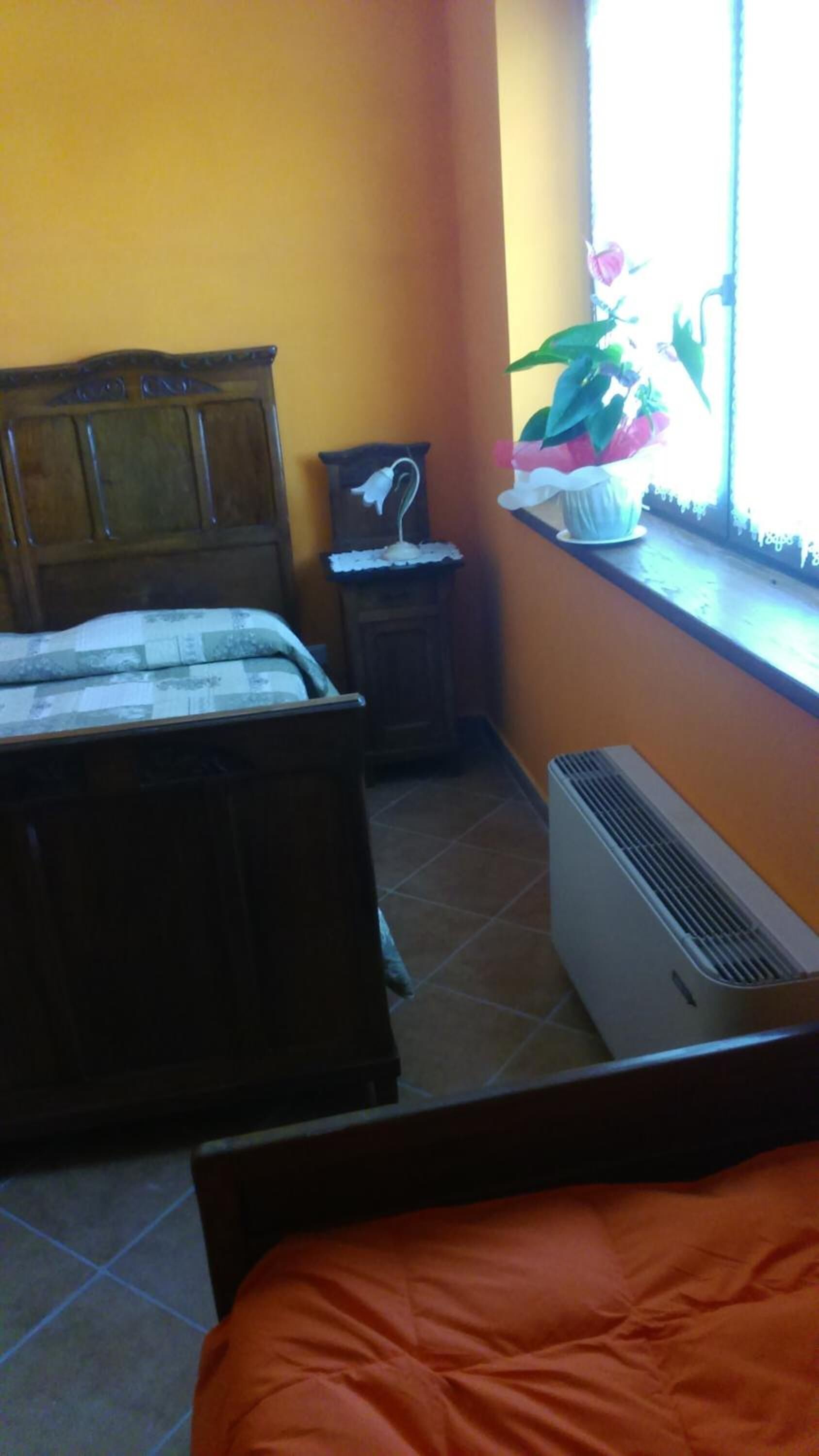 Una camera da letto con un letto, un comodino, una pianta in vaso e una finestra con vista.