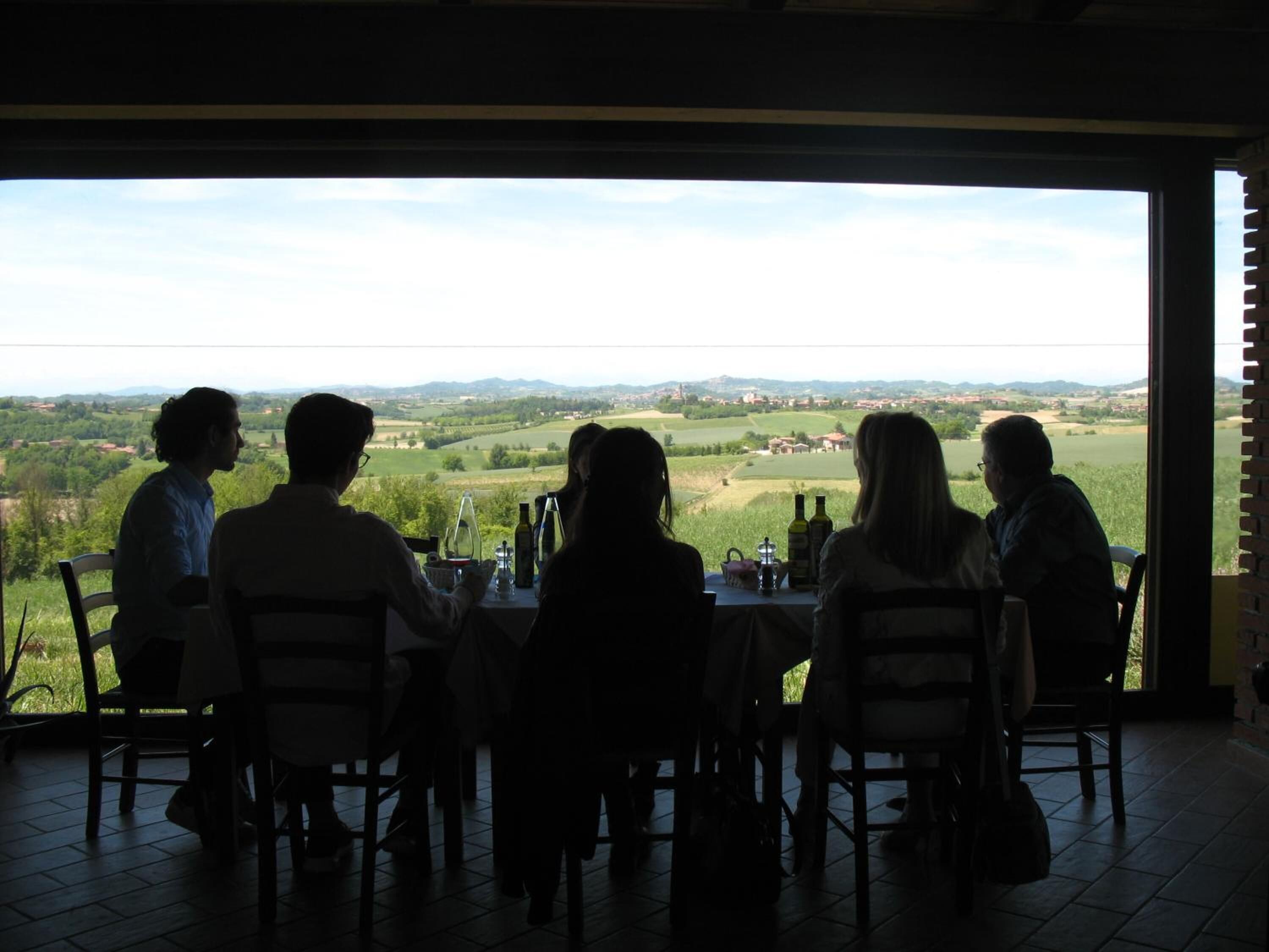 A group of people seated at a table with a view of a rural landscape.