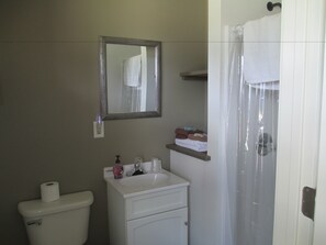 A bathroom with a toilet, sink, mirror, and a shower with a curtain. - Bad Axe Motel (Bad Axe)