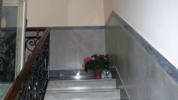 Una scala con corrimano, una pianta in vaso e un lampadario a parete.