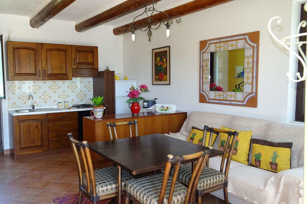 A cozy kitchen with wooden cabinets, a dining table with chairs, and a sofa with cactus-themed cushions.