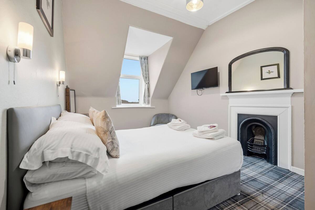 A bedroom with a bed, a fireplace, a television, and a window.