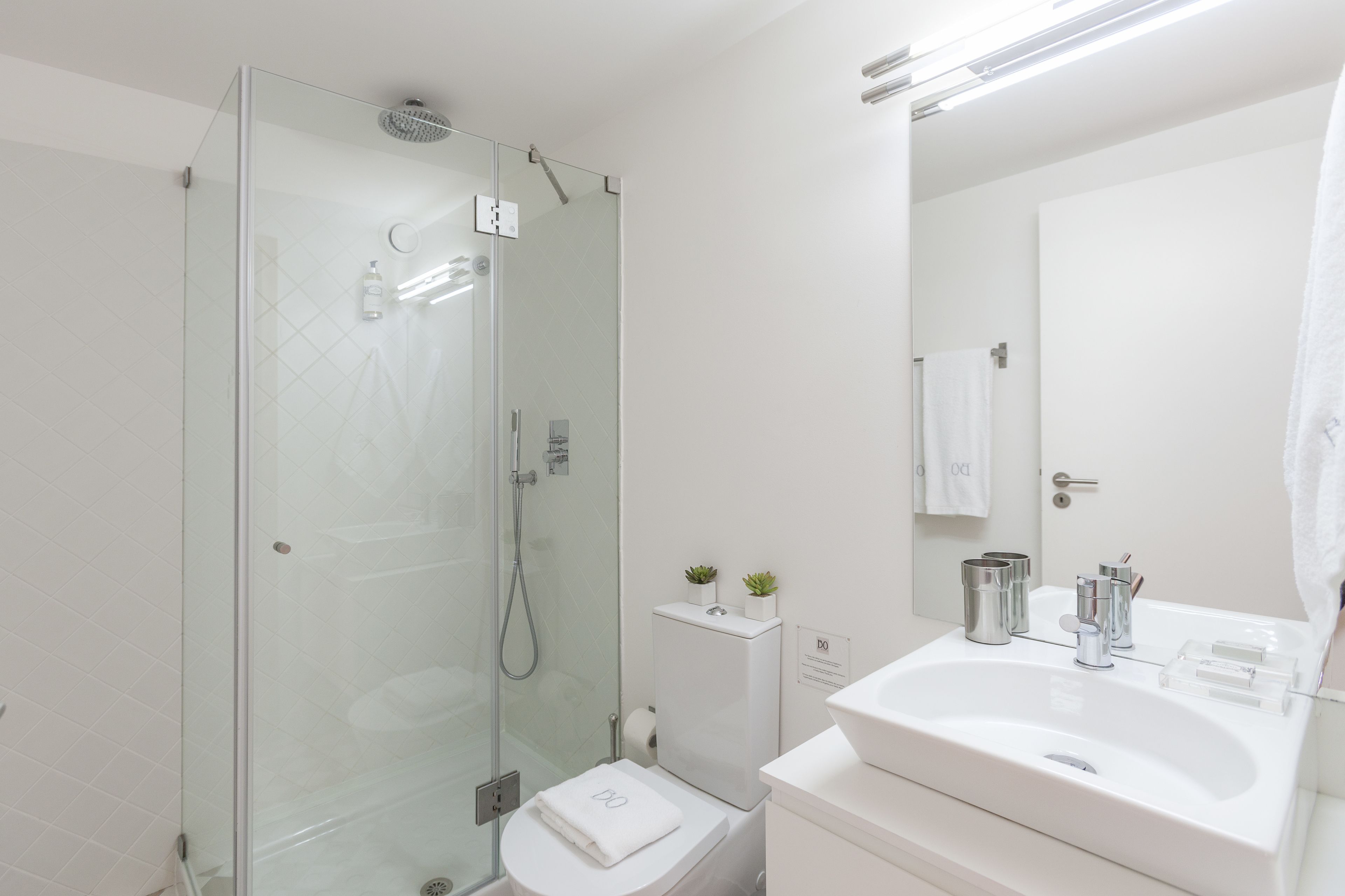 A modern bathroom with a glass-enclosed shower, a white toilet, and a sink with a mirror above it.