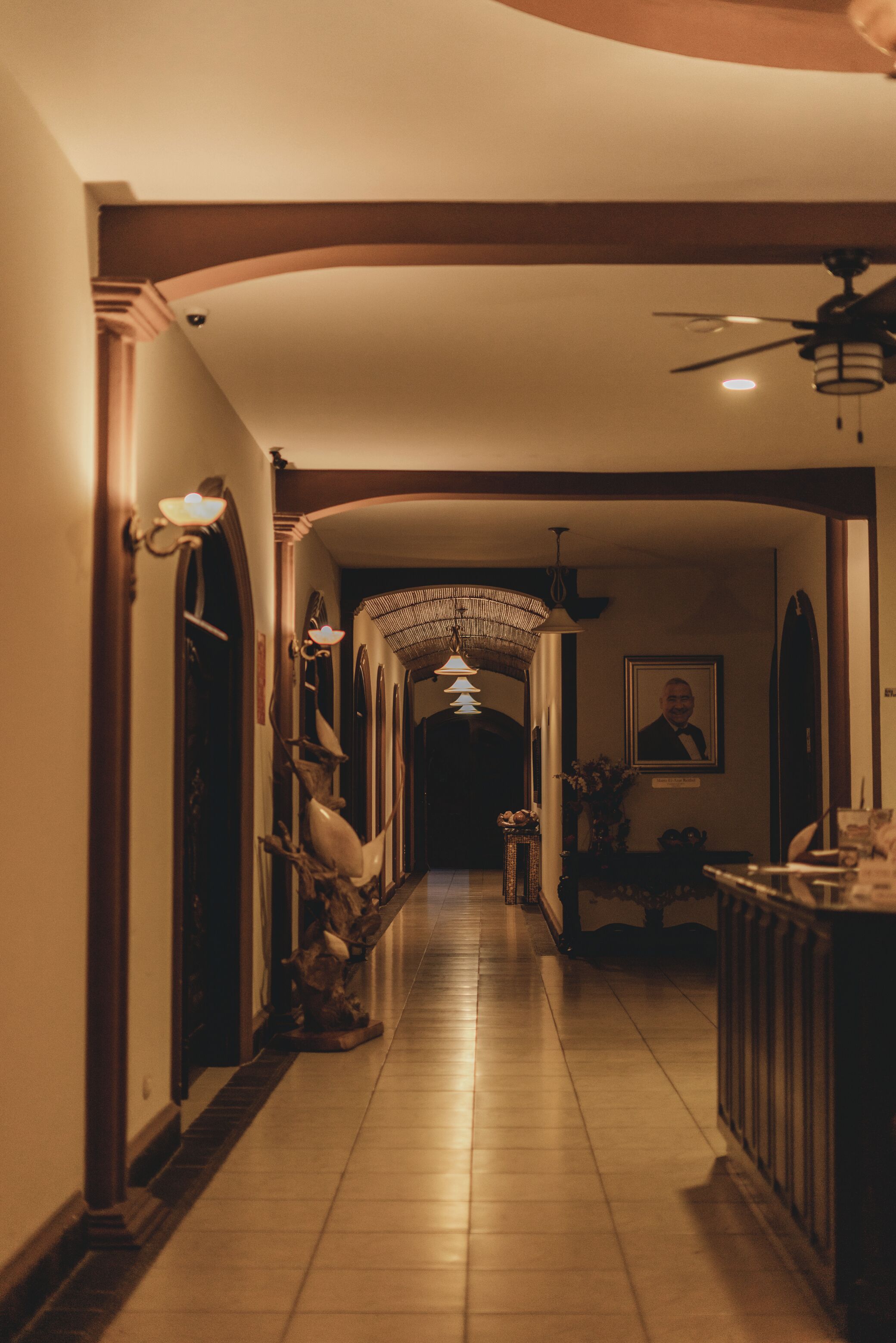 Un pasillo de hotel con ventilador de techo, candelabro y un retrato enmarcado en la pared.