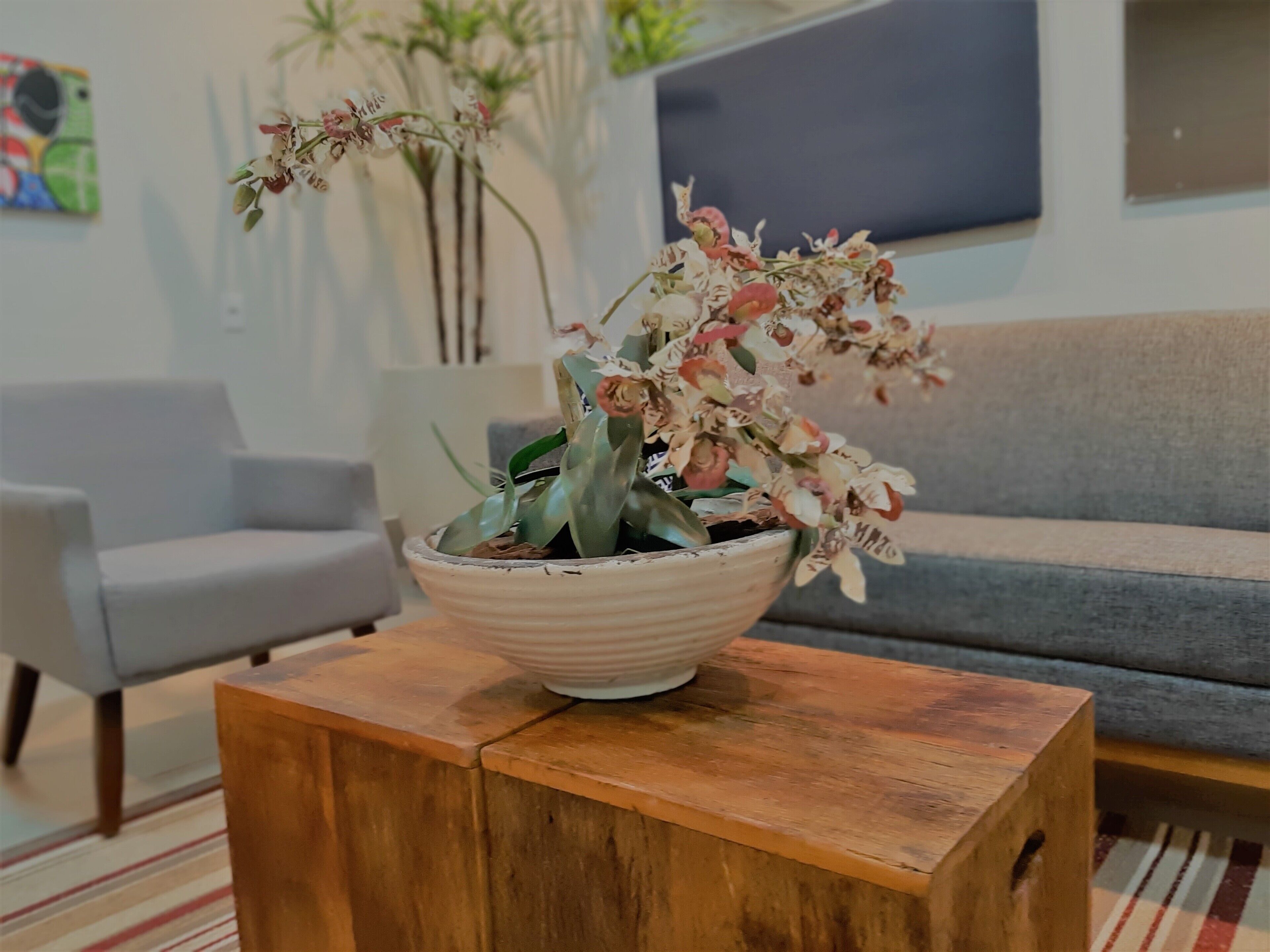 A living room with a wooden coffee table holding a potted plant. There is a grey sofa and a white armchair in the background.