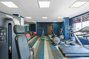 A gym with treadmills, elliptical machines, and weight benches.