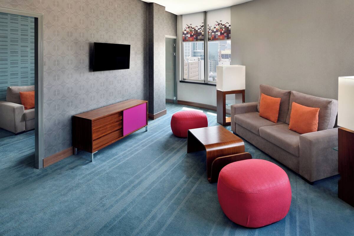 suite, 1 king bed, city view | living room | lcd tv