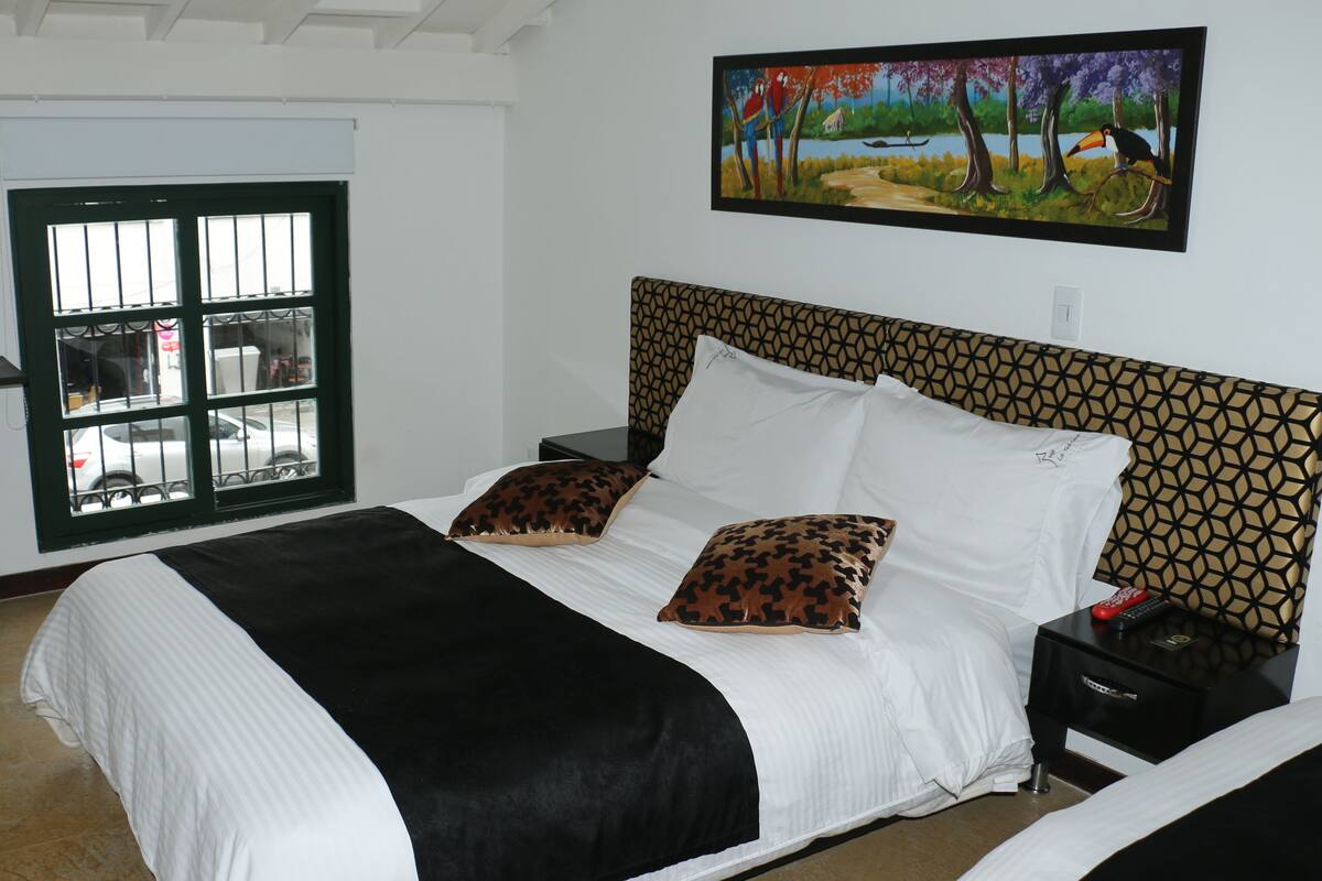 Down comforters, individually decorated, desk, blackout drapes