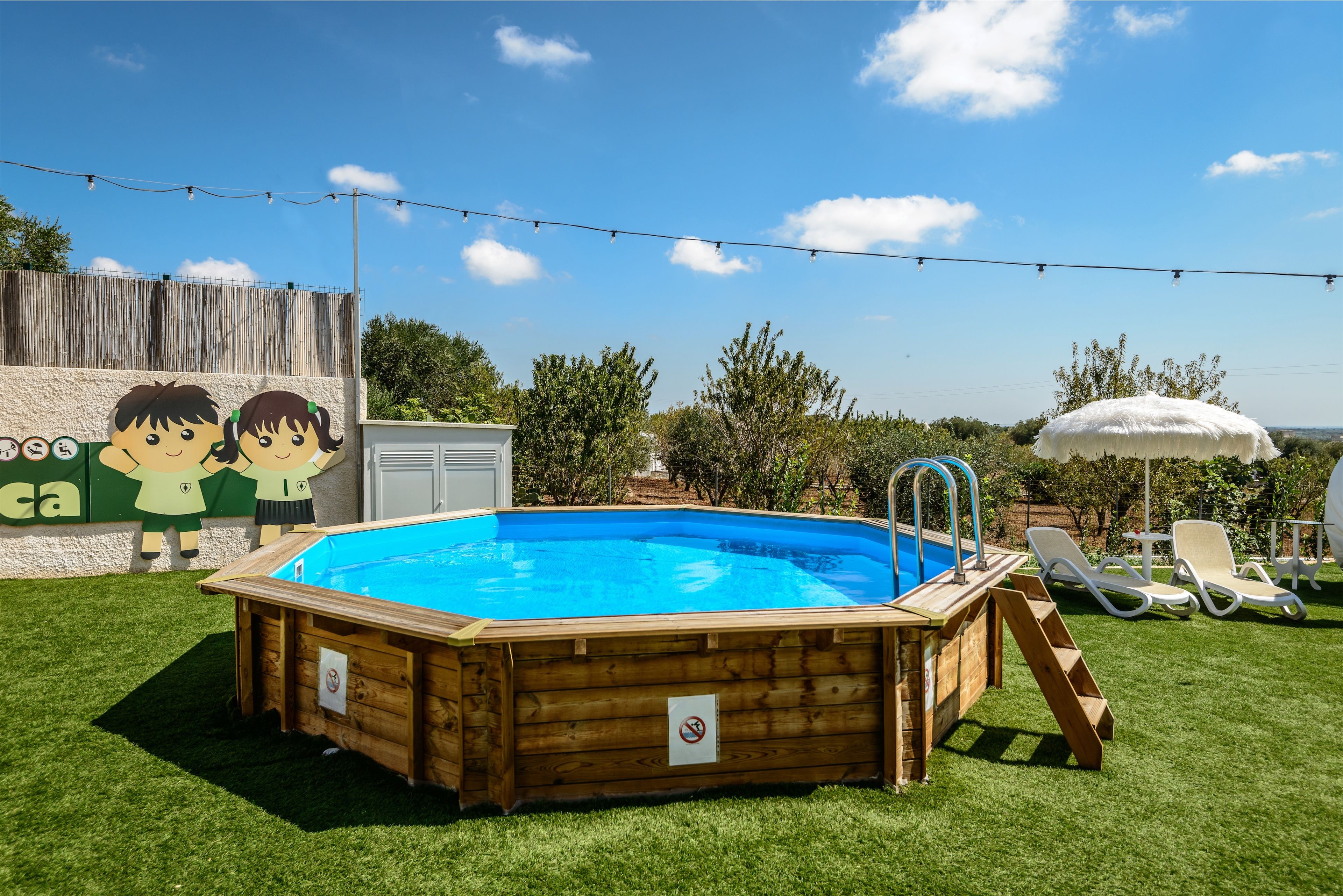 A wooden above-ground pool with a ladder, surrounded by a grassy lawn and a wooden fence.
