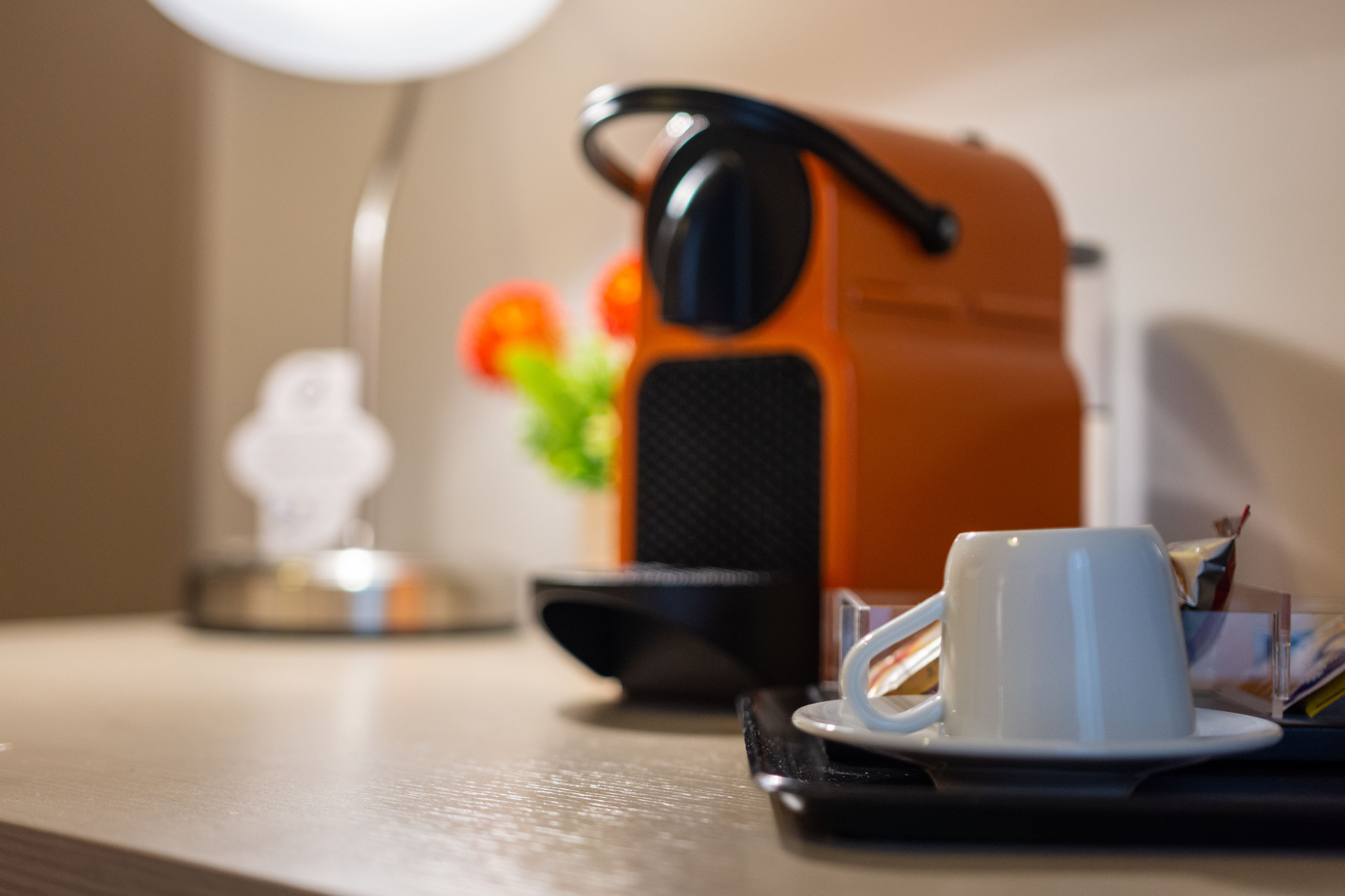 A coffee maker, a white cup, and a small plant on a table.