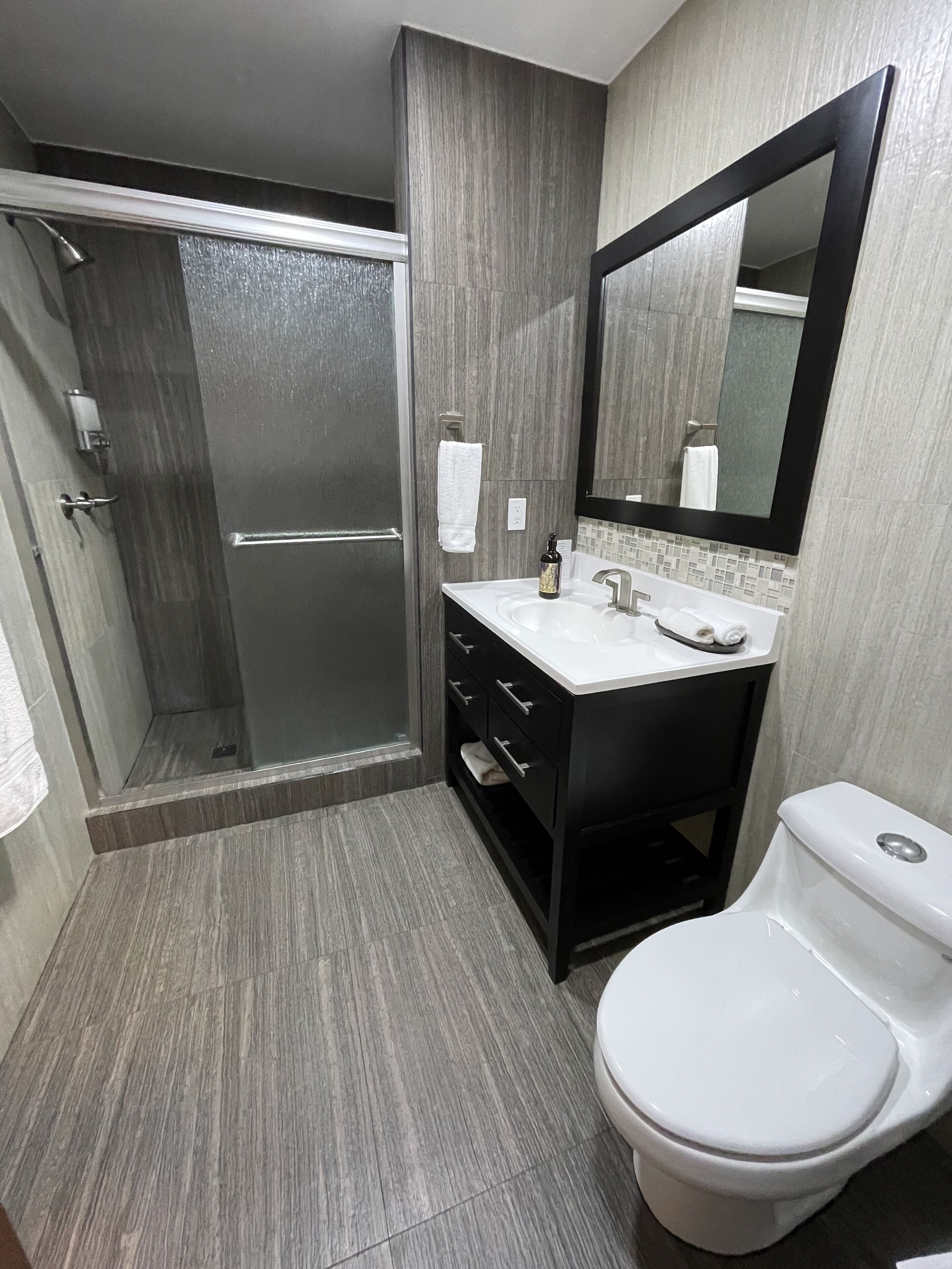 standard studio suite, 1 king bed, accessible, garden view | bathroom | shower, free toiletries, towels