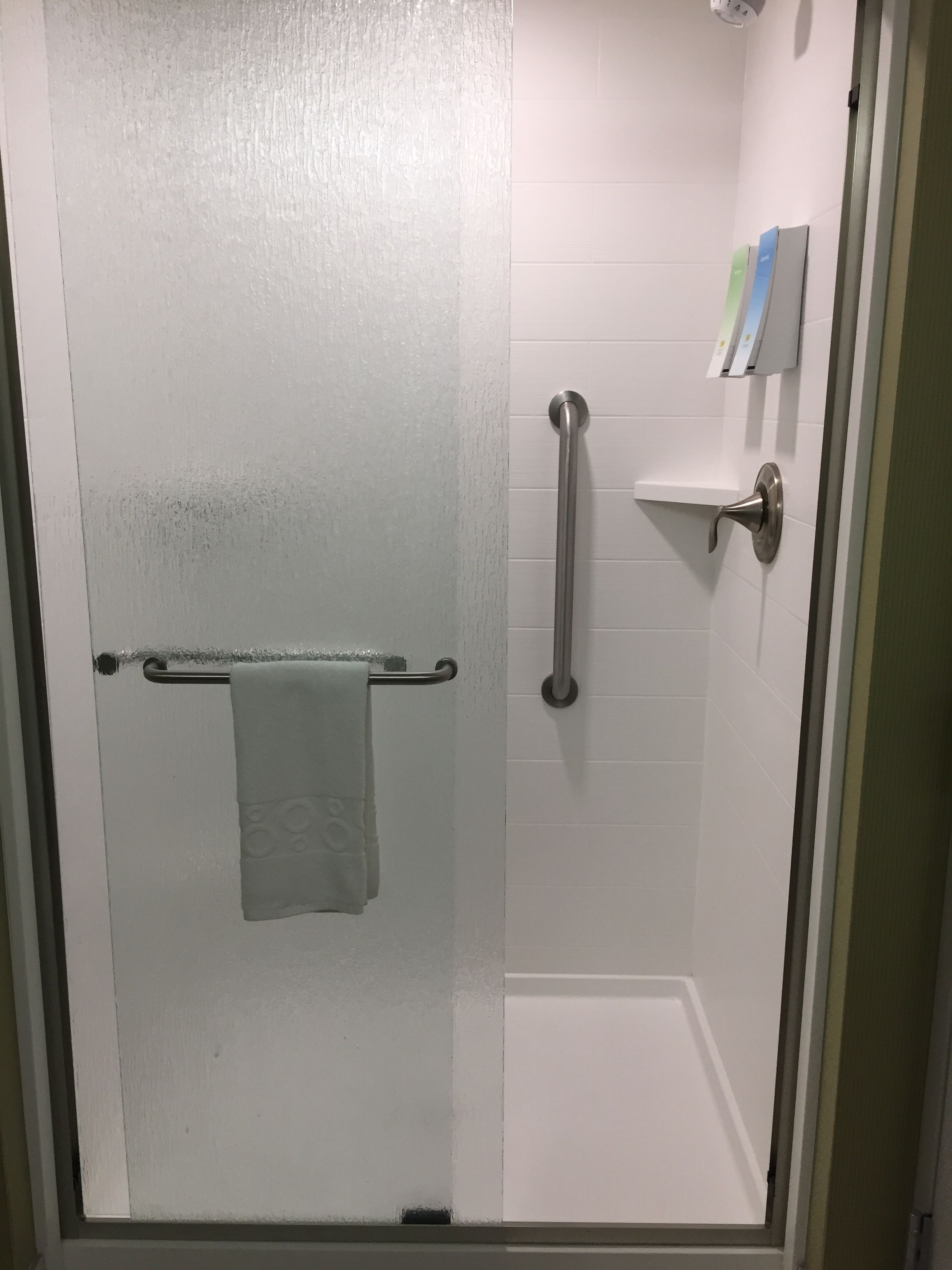 A bathroom with a glass door, a towel rack, a handrail, and a shelf with toiletries.