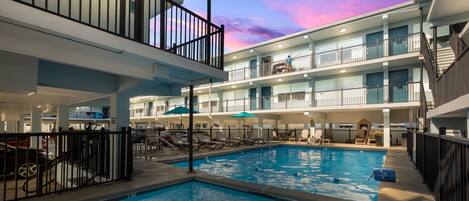 Outdoor pool, open 9 AM to 8:00 PM, pool umbrellas, sun loungers