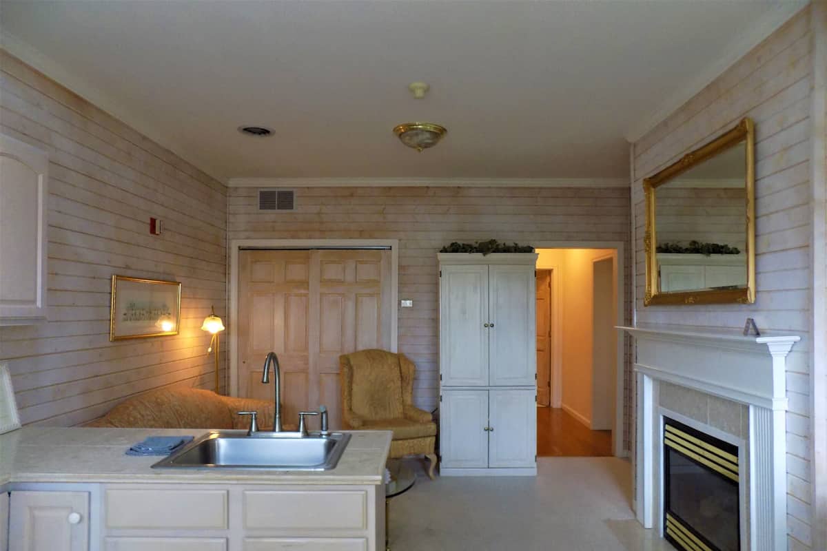 Classic Suite, 1 Bedroom, Kitchen | Living room | Flat-screen TV, fireplace