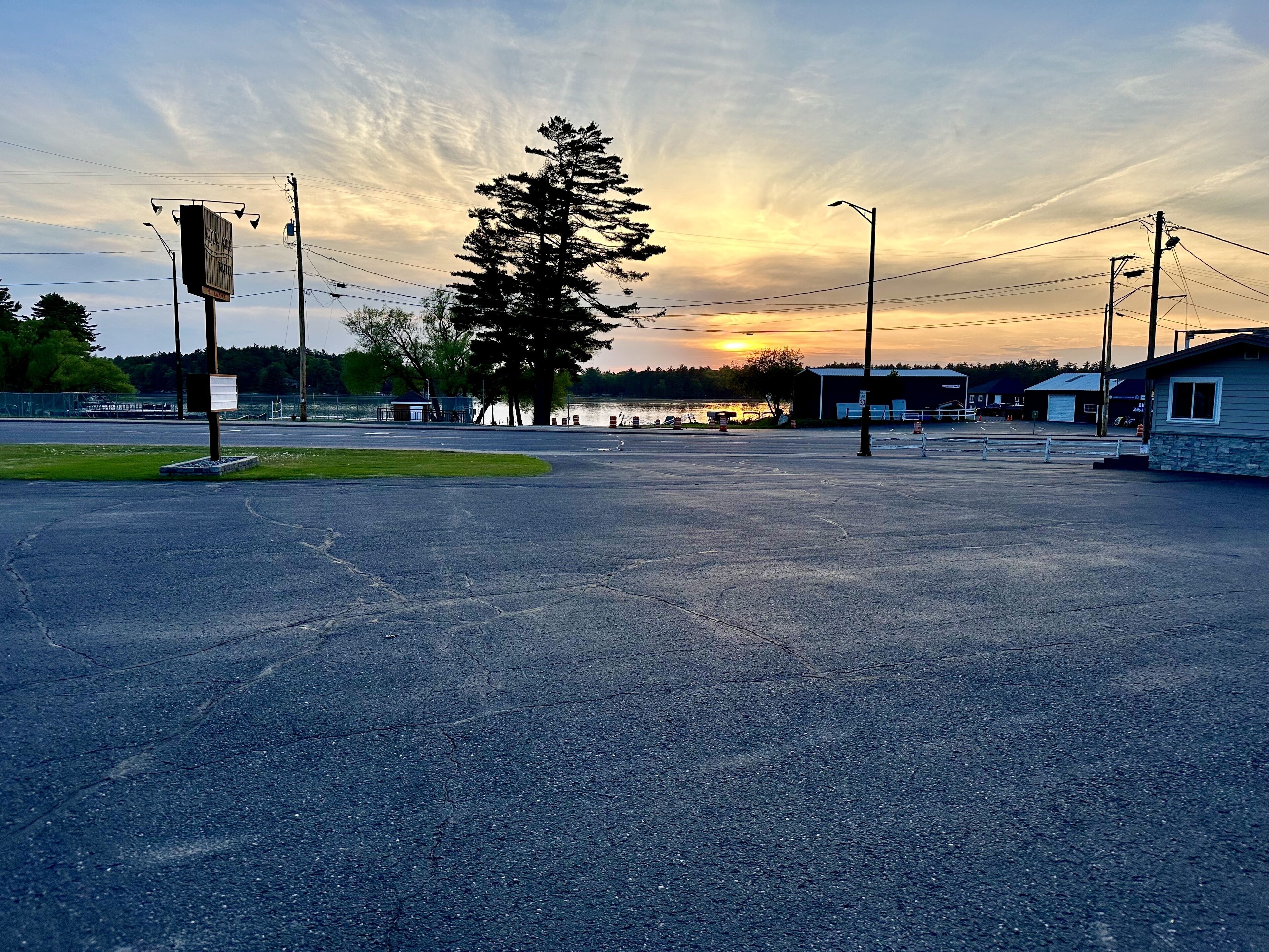 An empty parking lot with a large tree and a building in the background.