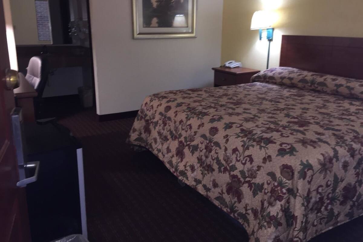 Quarto de hotel com cama, mesa de cabeceira, luminária, quadro na parede e espelho.