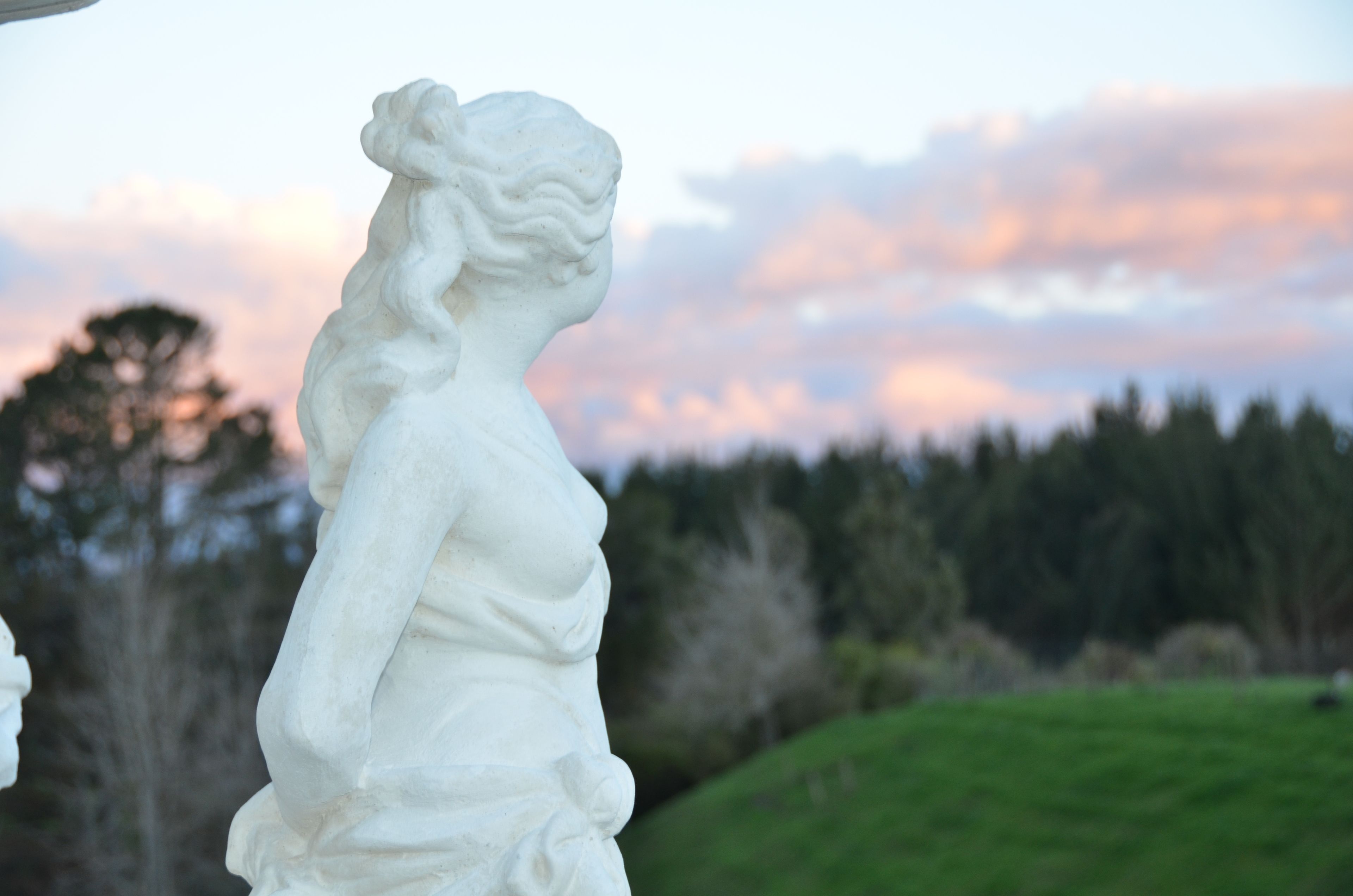 Una estatua blanca de una mujer con una flor en el cabello, con un cielo de atardecer y un bosque como fondo.