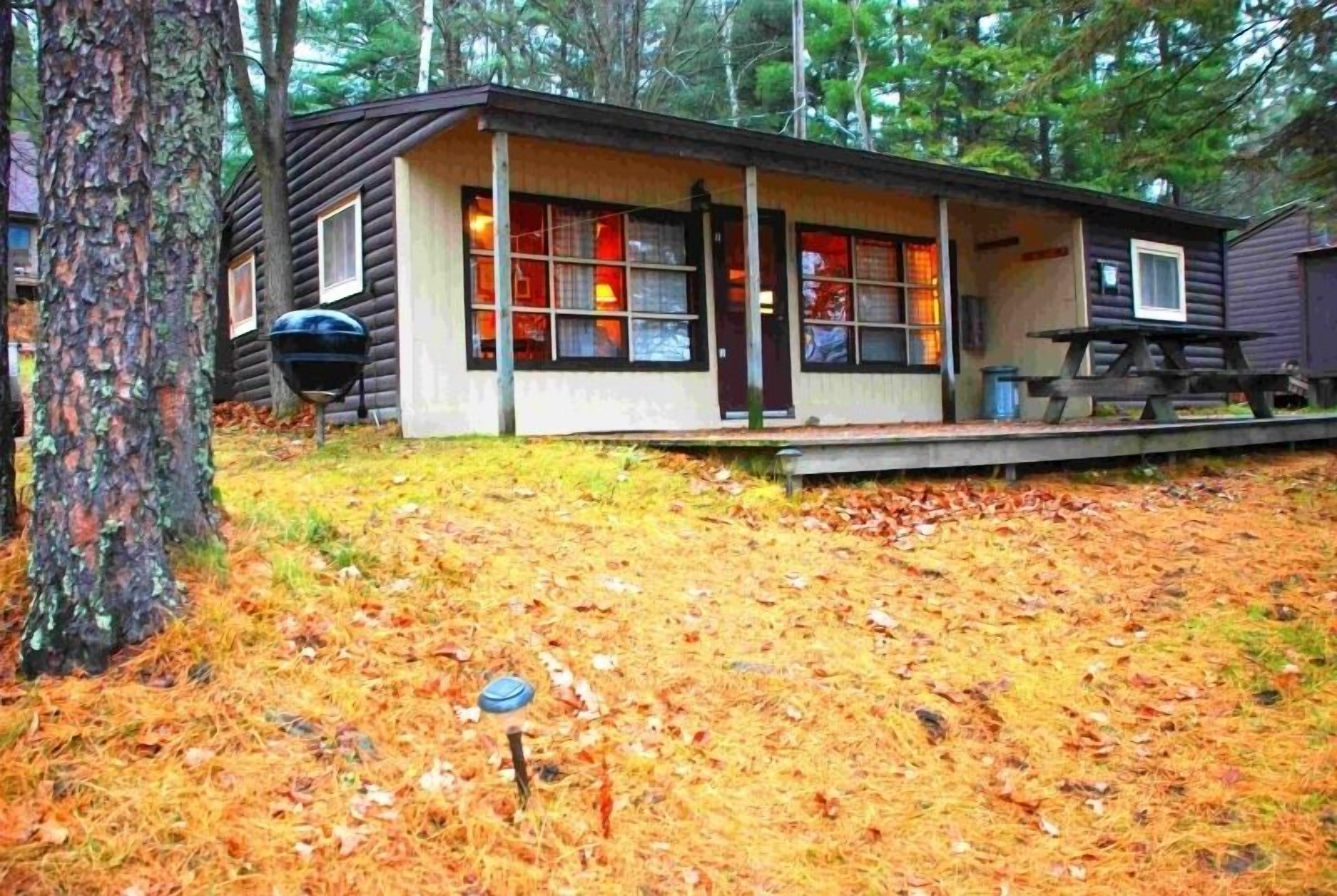 Eine Hütte mit Veranda, Grill und Picknicktisch.