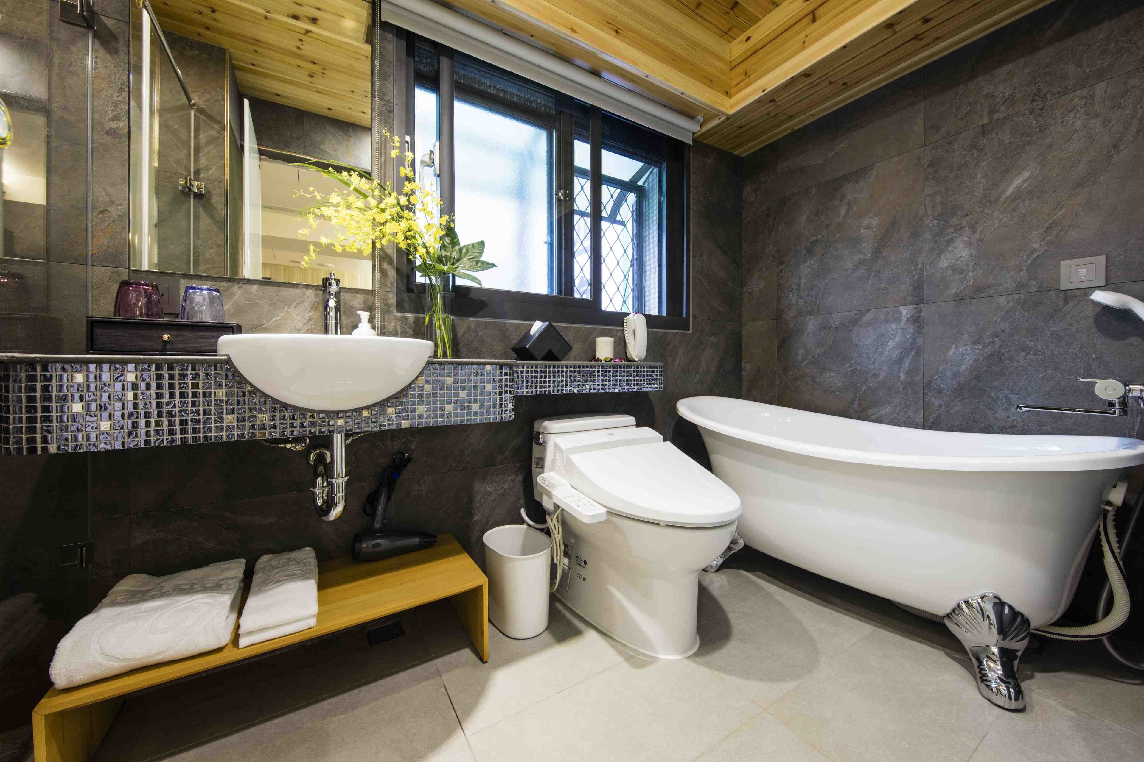 superior twin room | bathroom | rainfall showerhead, hair dryer, slippers, electronic bidet