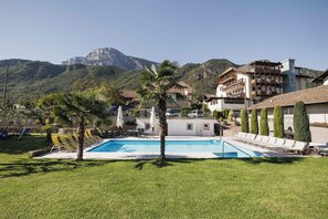 A pool area with lounge chairs, a palm tree, and a mountain backdrop. - Hotel Stamserhof (Andriano)