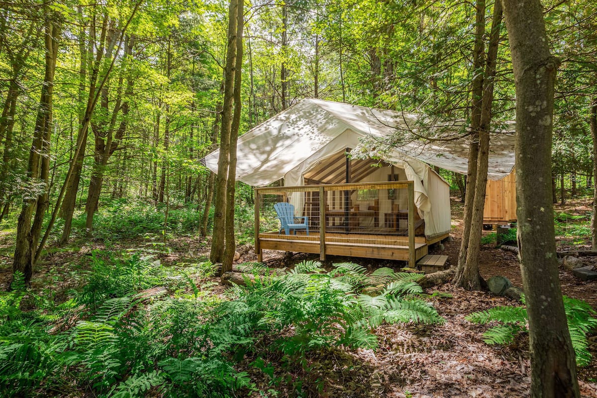 A forest cabin with a wooden deck and a covered porch.