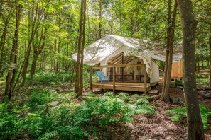 A forest cabin with a wooden deck and a covered porch.