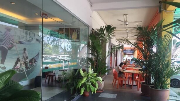 Un comedor interior con paredes de vidrio, plantas en macetas y sillas anaranjadas.
