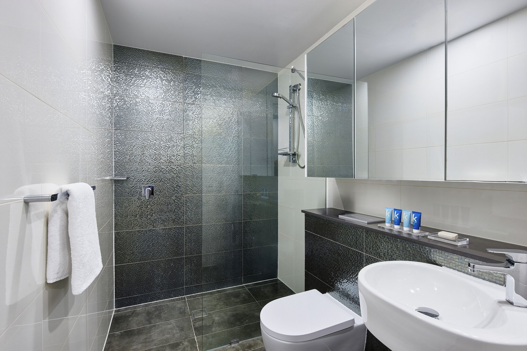 A modern bathroom with a glass-enclosed shower, a white toilet, a large sink, and a mirror above the sink.