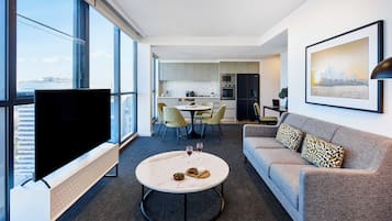 2 Bedroom Corner Harbour View Suite | Living area | 55-inch flat-screen TV with digital channels, TV