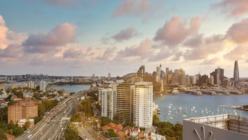 A cityscape with a prominent bridge, high-rise buildings, and a waterfront with boats.