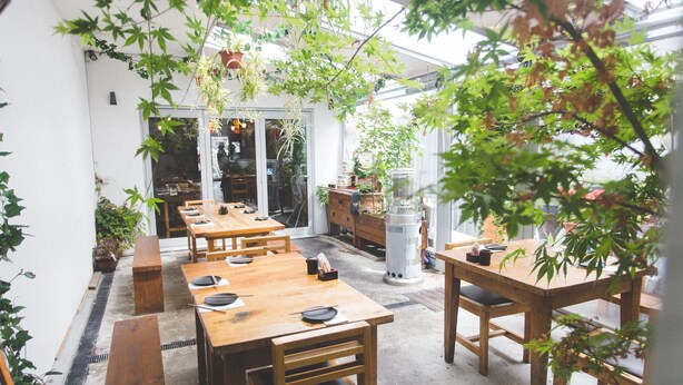 Un restaurante con mesas y bancos de madera, plantas de interior y vistas a la calle a través de amplios ventanales.