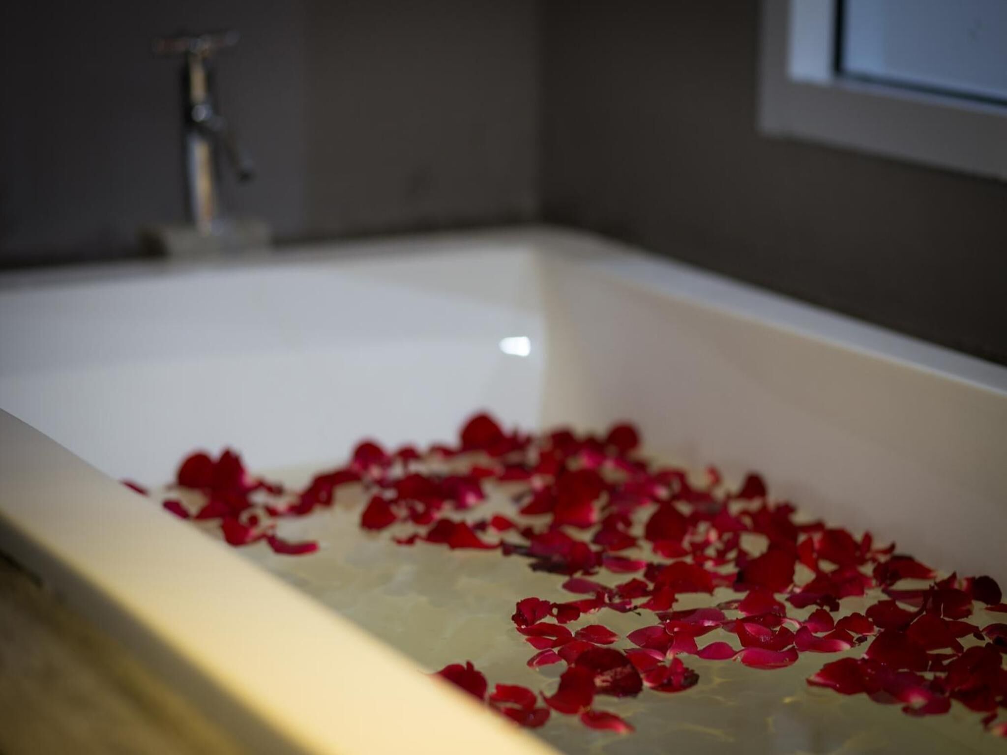A bathtub filled with rose petals.