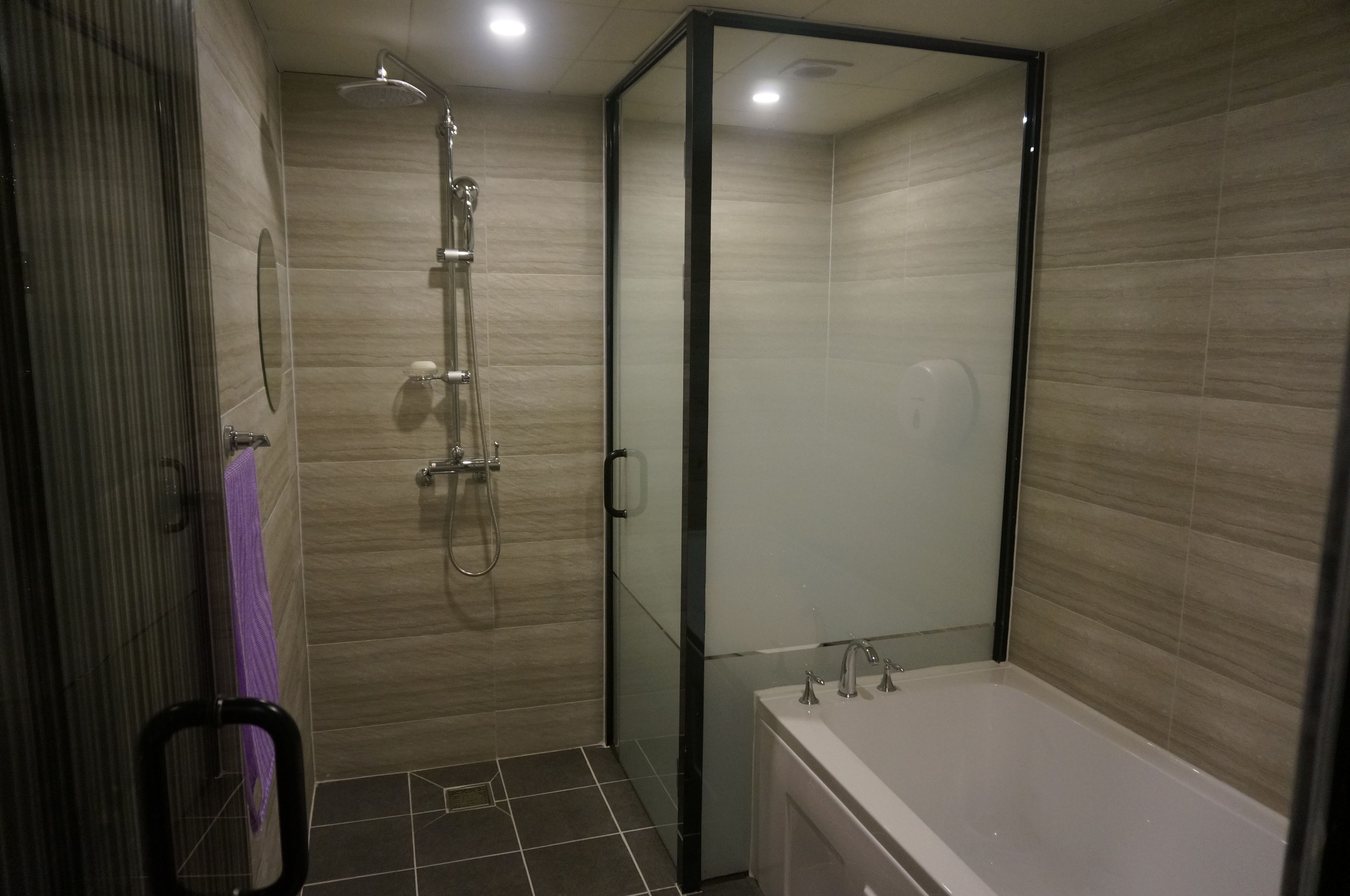 combined shower/bathtub, free toiletries, hair dryer, bathrobes