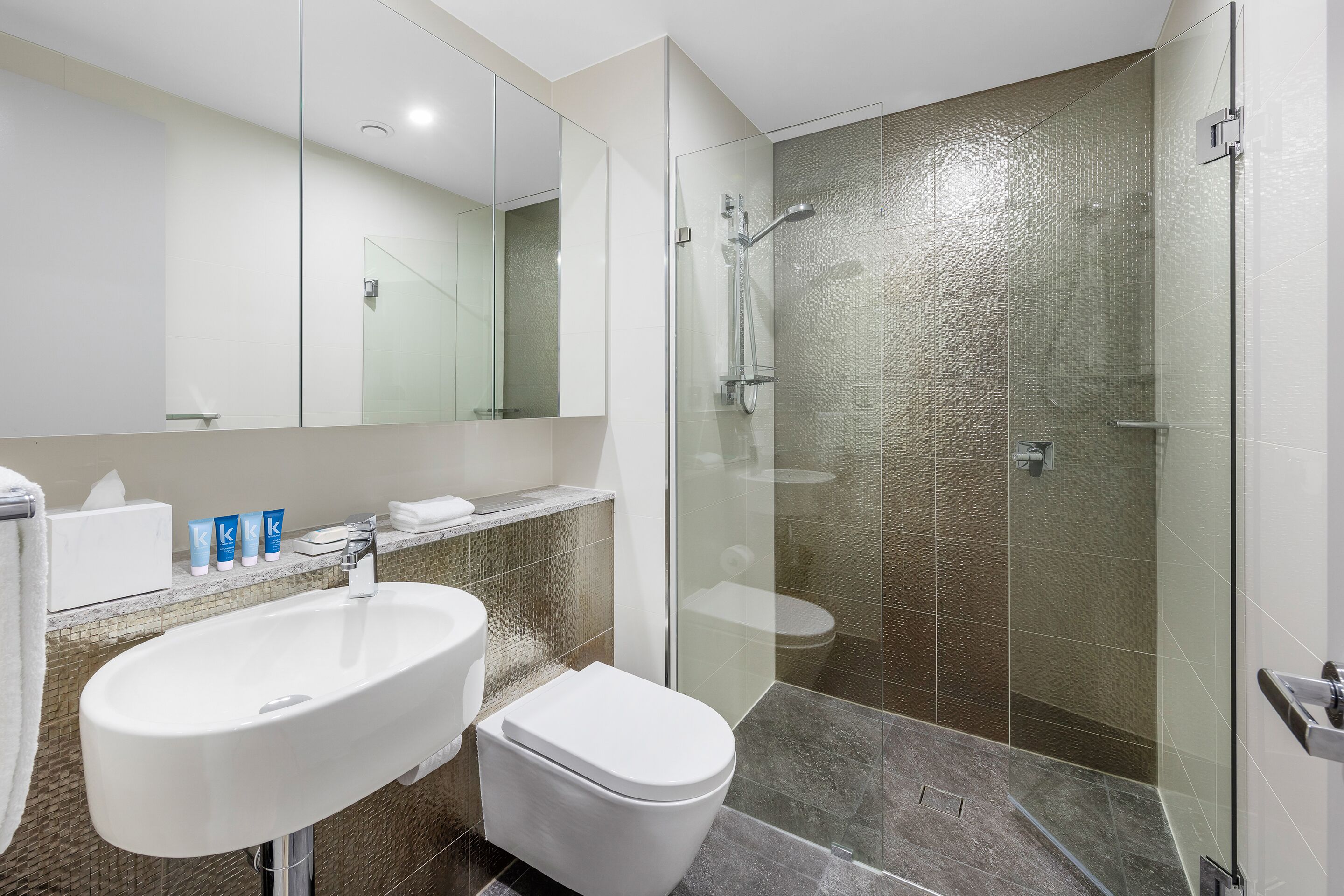 A modern bathroom with a glass-enclosed shower, a white sink, and a toilet.
