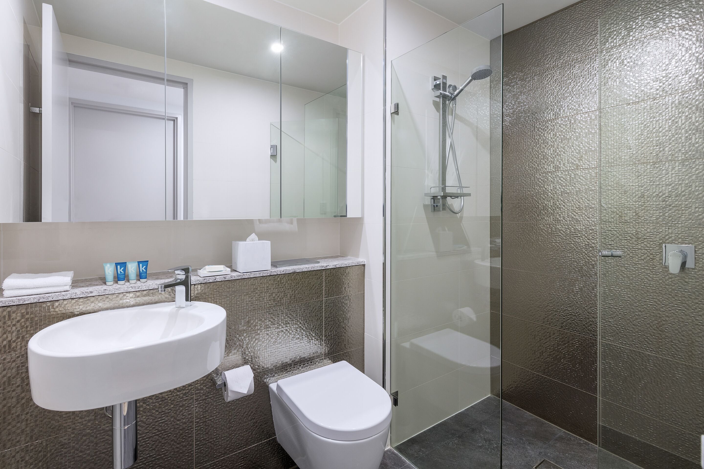 A modern bathroom with a glass-enclosed shower, a white sink, and a toilet.