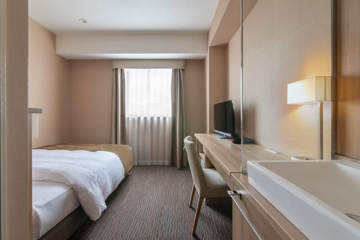 A hotel room with a bed, a desk with a TV, a chair, and a bathtub.