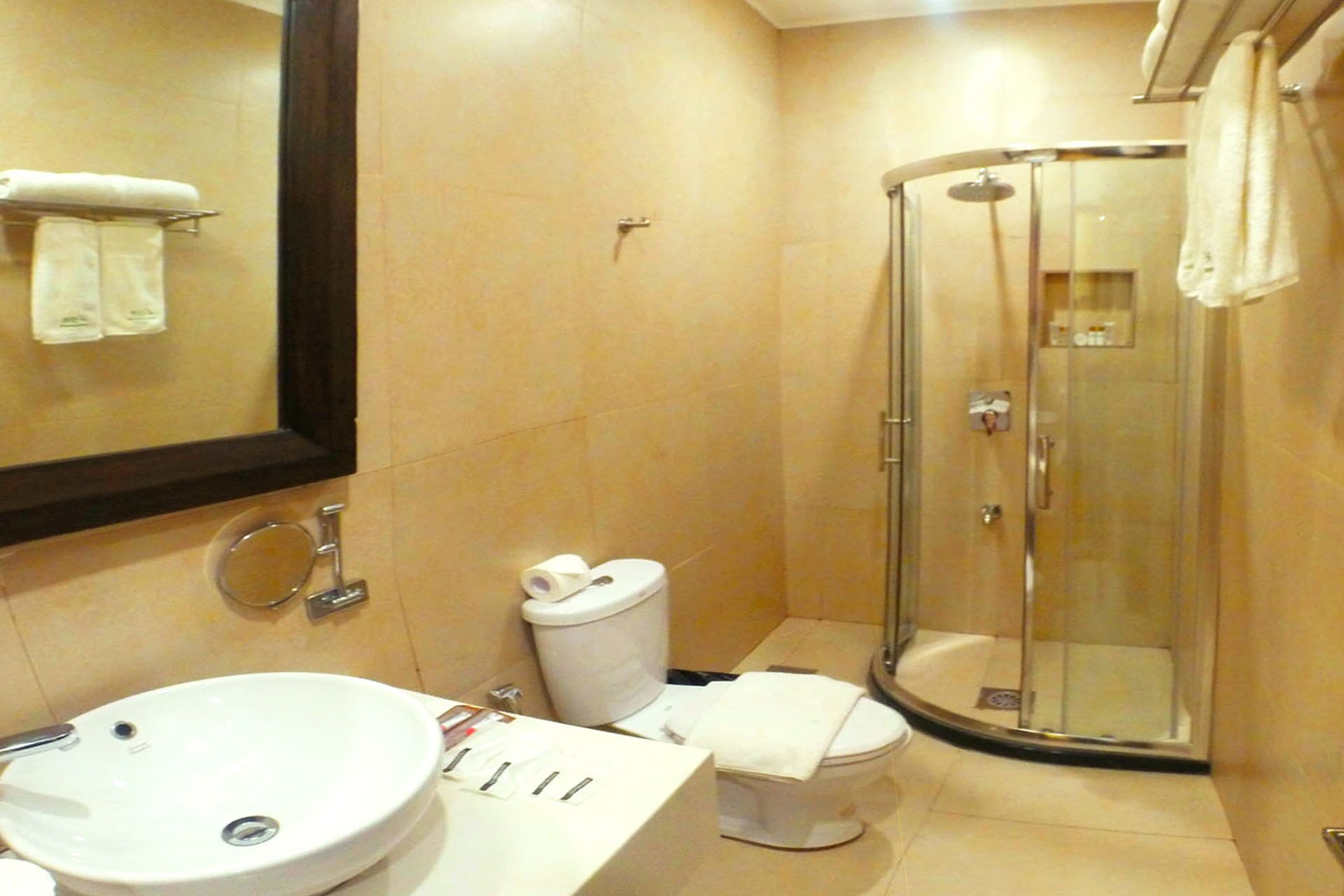 Une salle de bain équipée d’un lavabo, de toilettes et d’une douche à parois de verre.