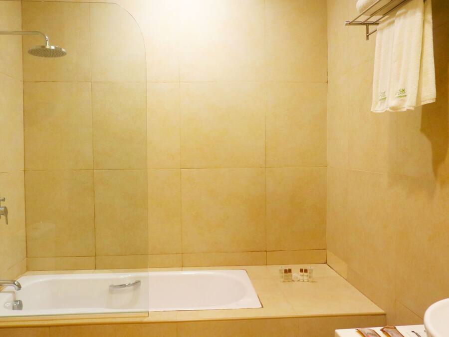 Un baño con bañera, ducha y barra para toallas.